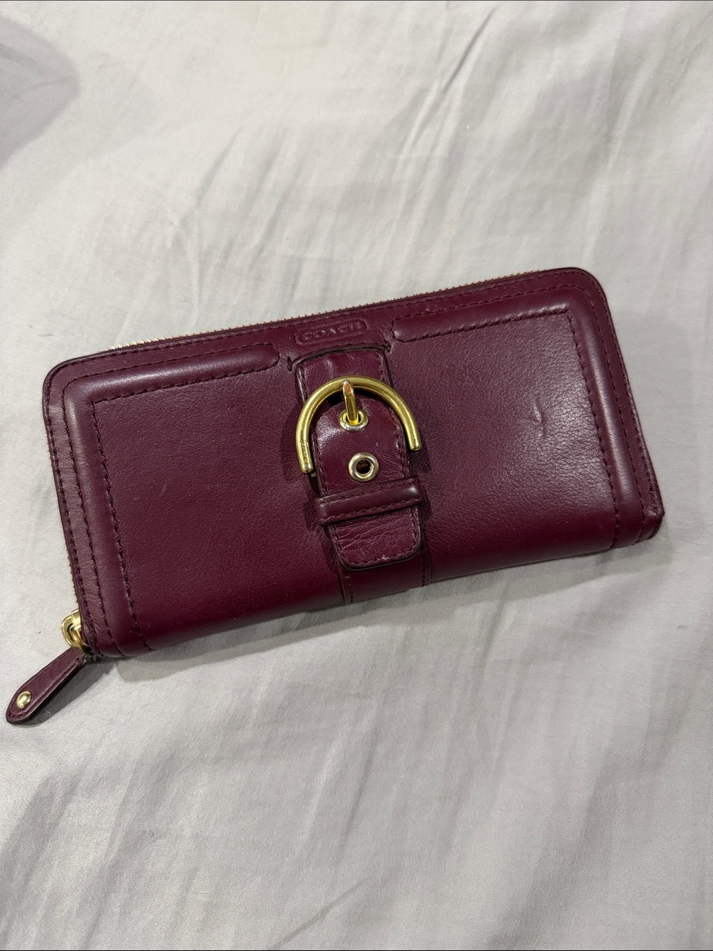 Coach Wine Leather Zip-Around Wallet with Gold Buckle